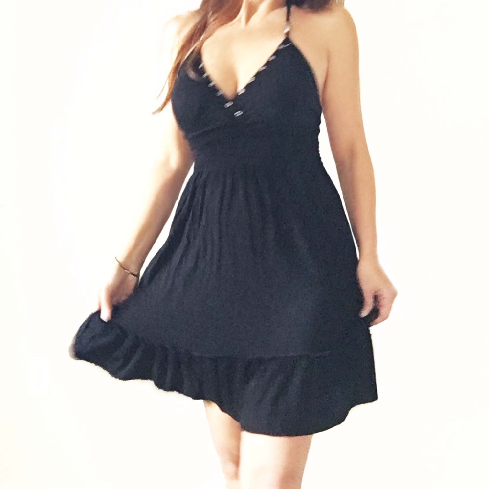 GUESS Tie-Back Halter Jersey Ruffle Hem Dress